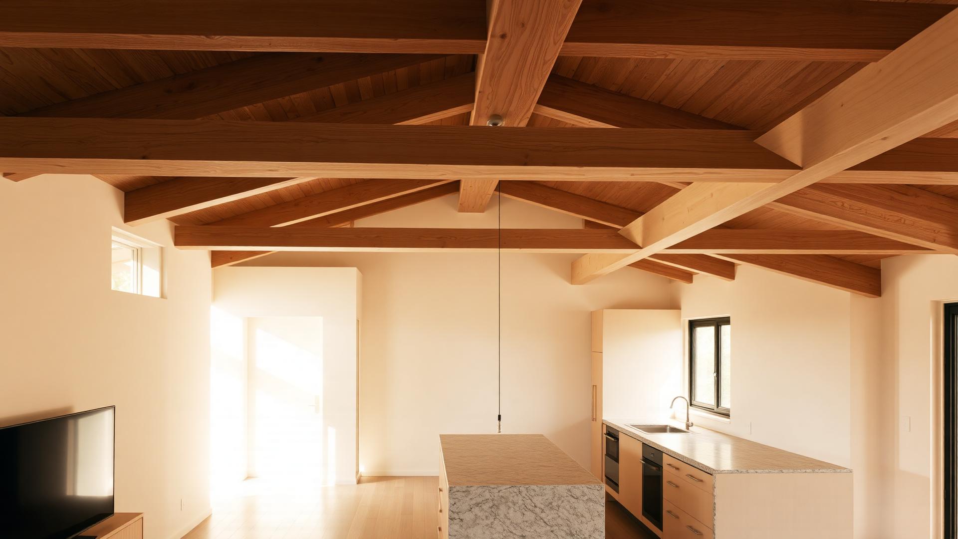 Architectural interior with exposed wooden beams